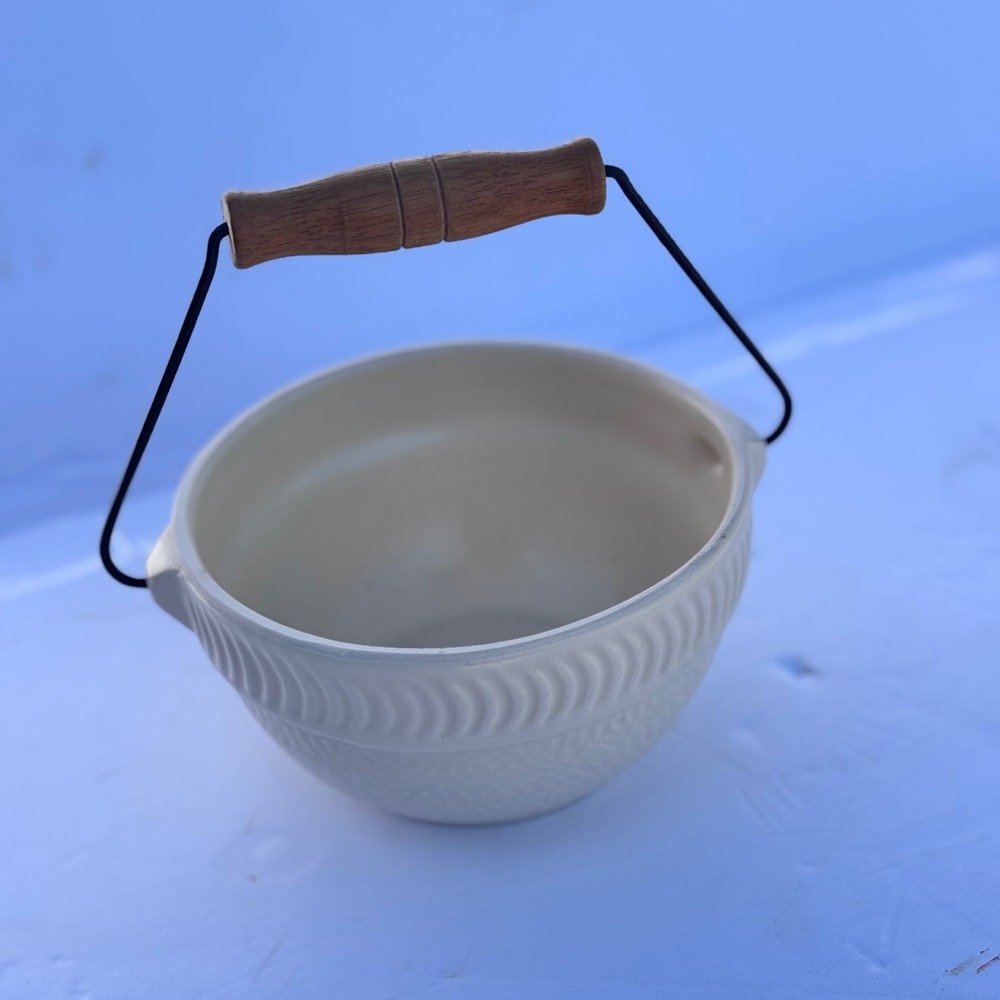Tender Heart Treasures Vintage 98' Ceramic Small Bowl wooden Handle Cottagecore